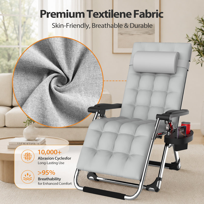 Zero Gravity Chair With Cushion, Adjustable Reclining Patio Lounge Chair With Aluminum Alloy Lock System, Foldable Outdoor Recliner With Cup Holder Tray, Portable Lawn Chair For Patio, Camping & Poolside
