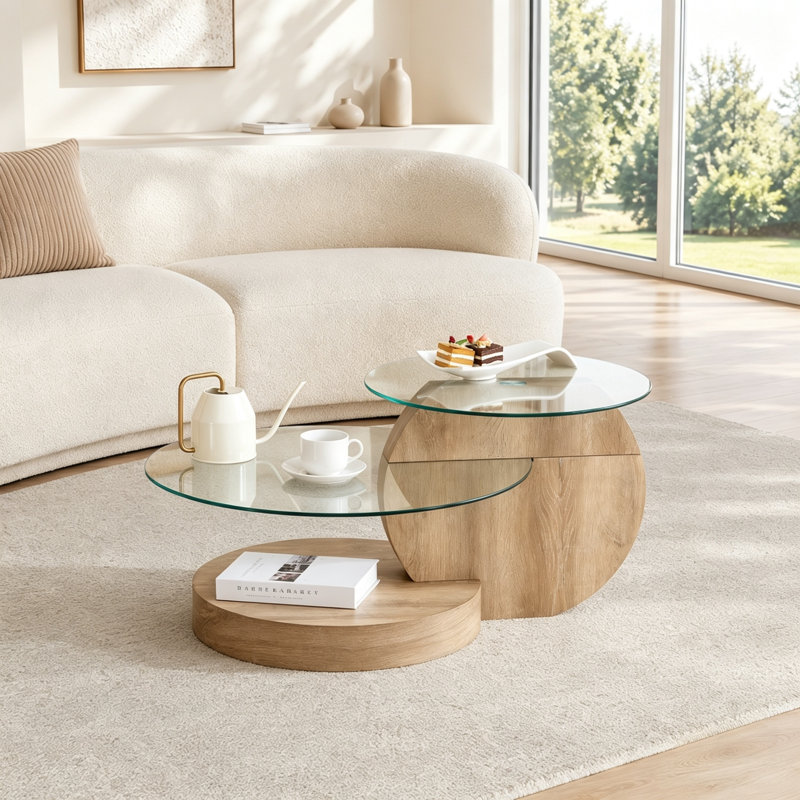 35.4" Modern Multi-Level Coffee Table with Two Tempered Glass Tops and Lower Display Shelf, Warm Natural Oak