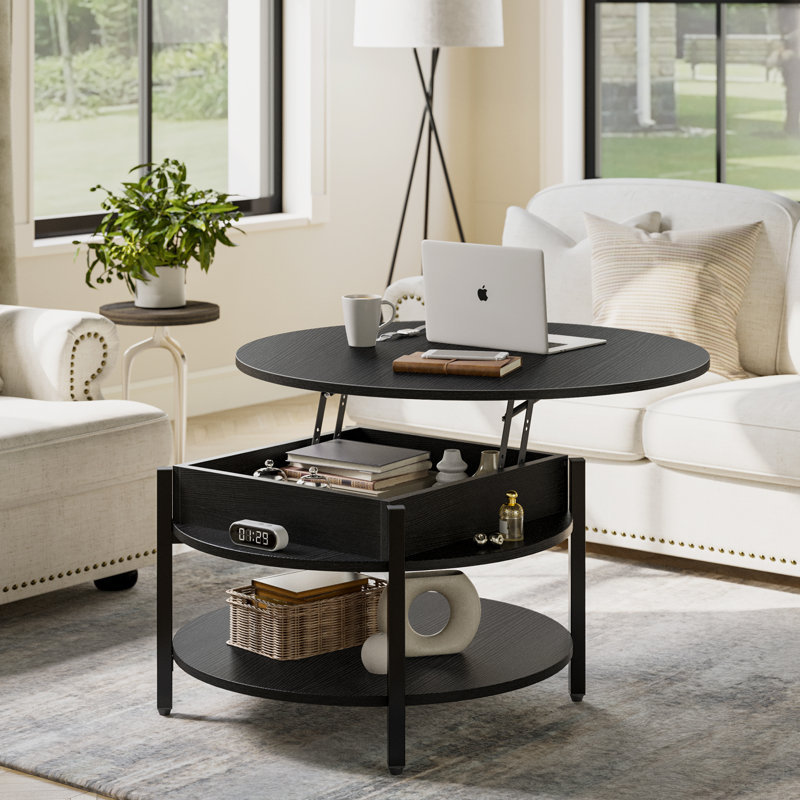 27"W Lift-Top Wood Coffee Table, Small Round Cocktail Table with Storage and Hidden Compartment for Living Room