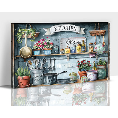 Adriany Vintage Kitchenware Still Life Painting Flower Pots Tableware Print Framed Canvas Artwork Decorative Wall Picture for Kitchen Dining Room Home Decor Ready to Hang, 12×16 Inches