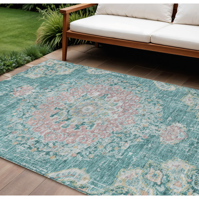 Tapis extérieur lavable à motif médaillon floral bleu sarcelle 10 pi x 14 pi