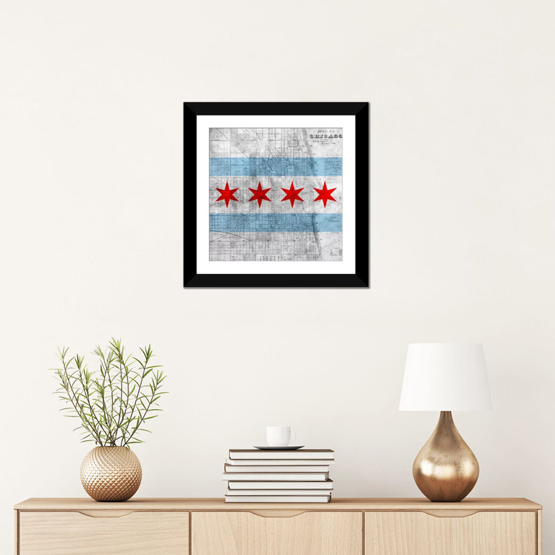 Drapeau de Chicago, carte, impression sur toile, H 16 po x l 16 po x P 1 po, Papier d'art encadré noir, Blanc