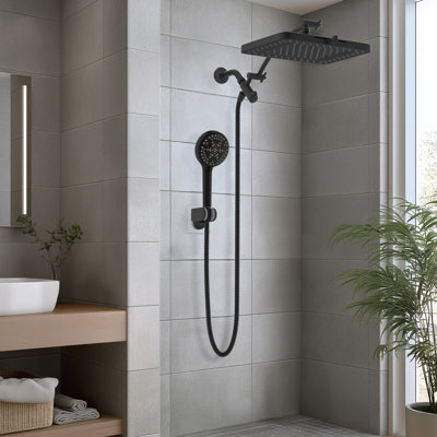 cUPC Certified High Pressure 13-inch Rainfall Shower Head/ Handheld Shower Combo with 10-setting Handheld Sprayer, 12-inch Curved adjustable curved extension arm, 71-inch Stainless Steel Shower Hose, Matte Black