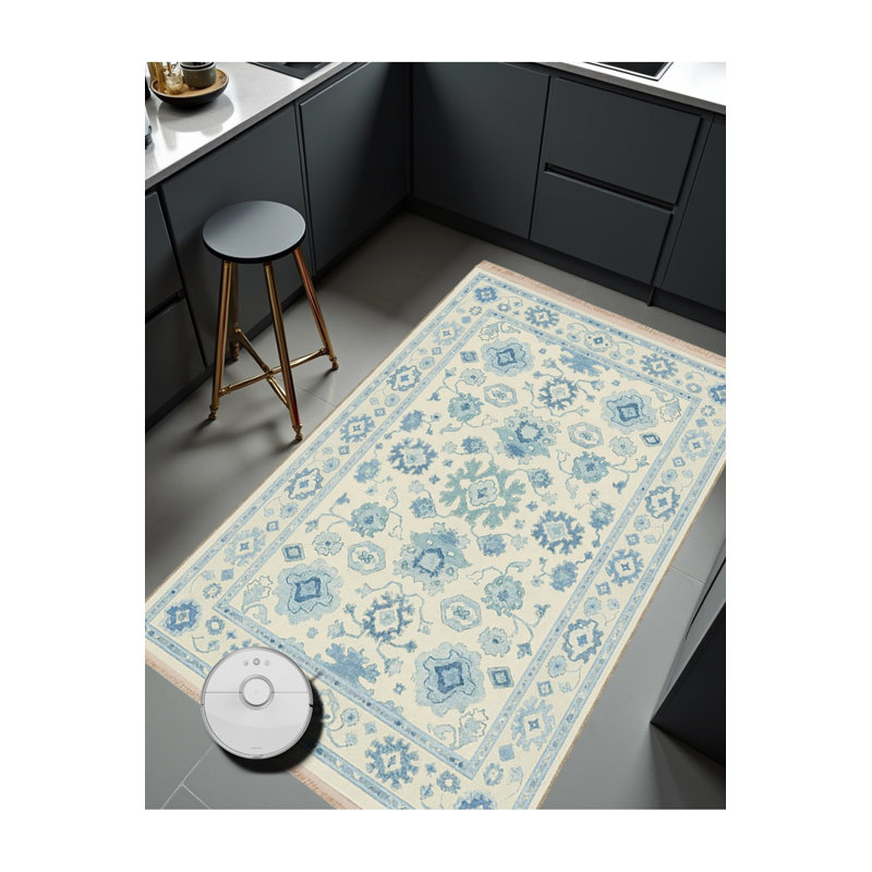 Tapis bleu tissé lavable rétro Mosso, 4'11" x 9'10"