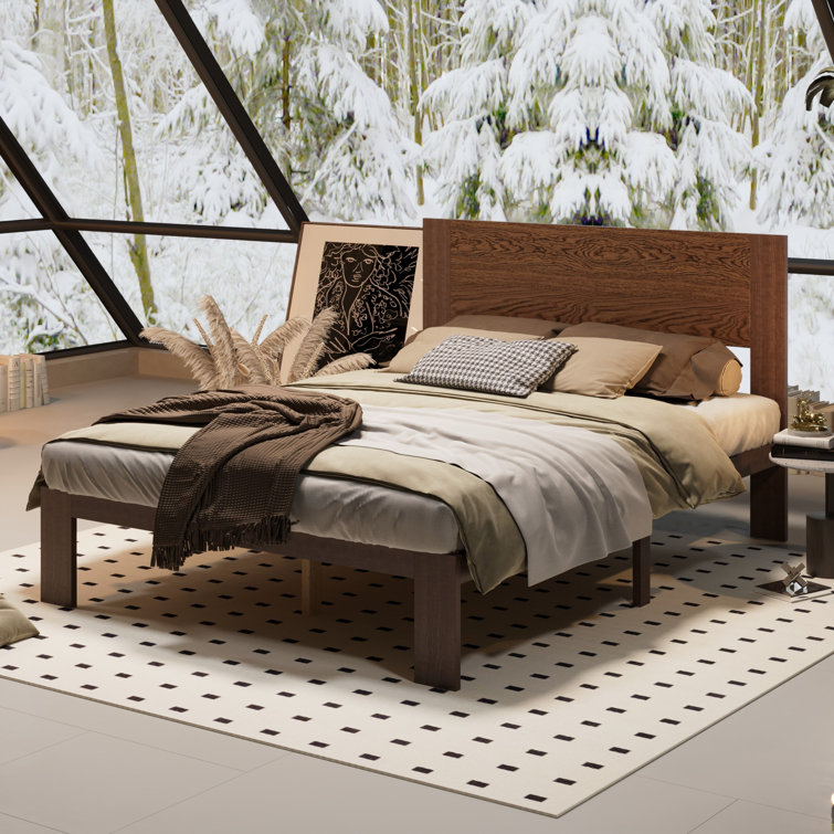 Solid Wood Bed Frame With Headboard – Made Of Rubberwood & Pine For Sturdy And Elegant Design