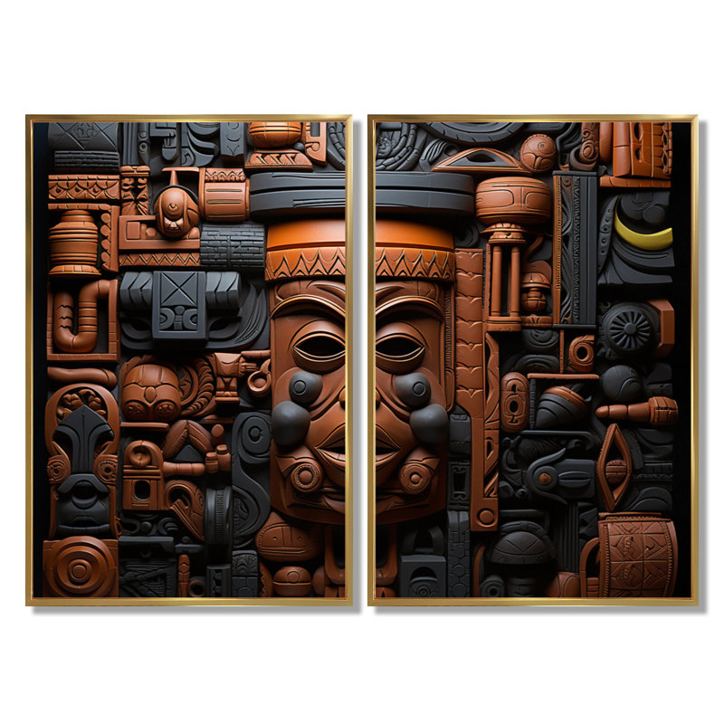 Motif de masques de Kuba africain brun et noir - Masque africain, ensemble d'art mural encadré de personnes brunes, Doré