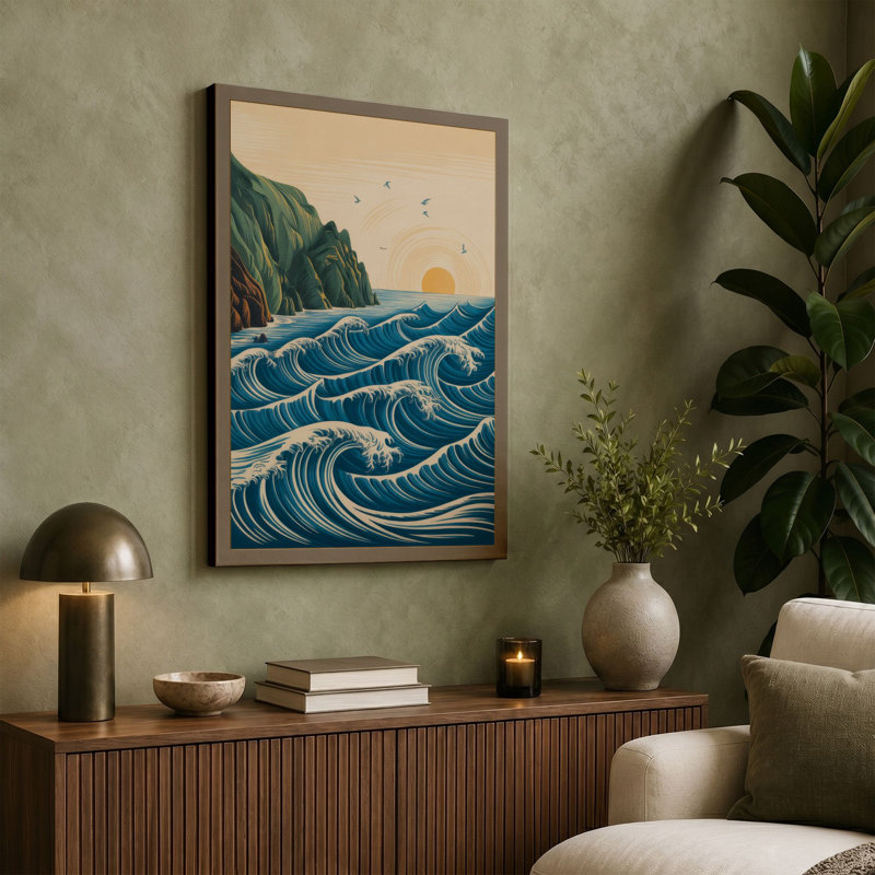 Cliffs and Stormy Sea Coastal - Wrapped Canvas, 36x24 - 91.4 x 61.0 cm, Teal Border
