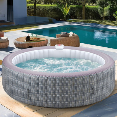 82" 6-Person Grey Wicker Design Inflatable Hot Tub, Fast Heating, 4 Filters & 2 Cup Holders