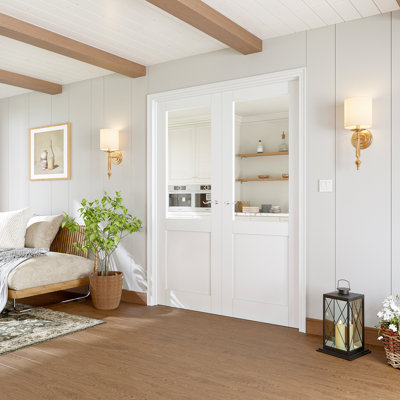 64" x 80" Interior French Door, Half‑Lite Tempered Clear Glass Doors, Complete Jamb Kit, Satin Nickel Hinges, 4 Curve Levers & Latch, White Primed Paint‑Ready & Solid Core Door, Maximizes Natural Light & Open Visibility