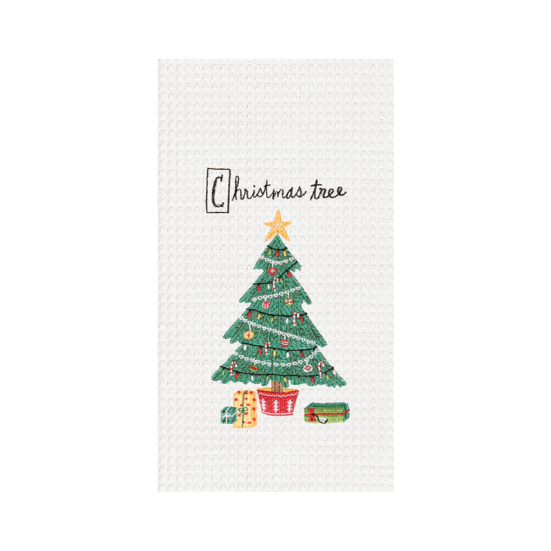 27" x 18' Holiday Christmas Tree Cotton Embroidered & Waffle Weave Kitchen Dish Towel