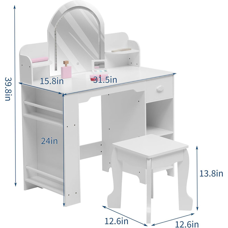 Kids Vanity with Lighted Mirror - 2 in 1 Little  Vanity Table and Stool - Kids Makeup with Bookshelf/Drawer and Open Shelves for 3-9 Yrs  - White