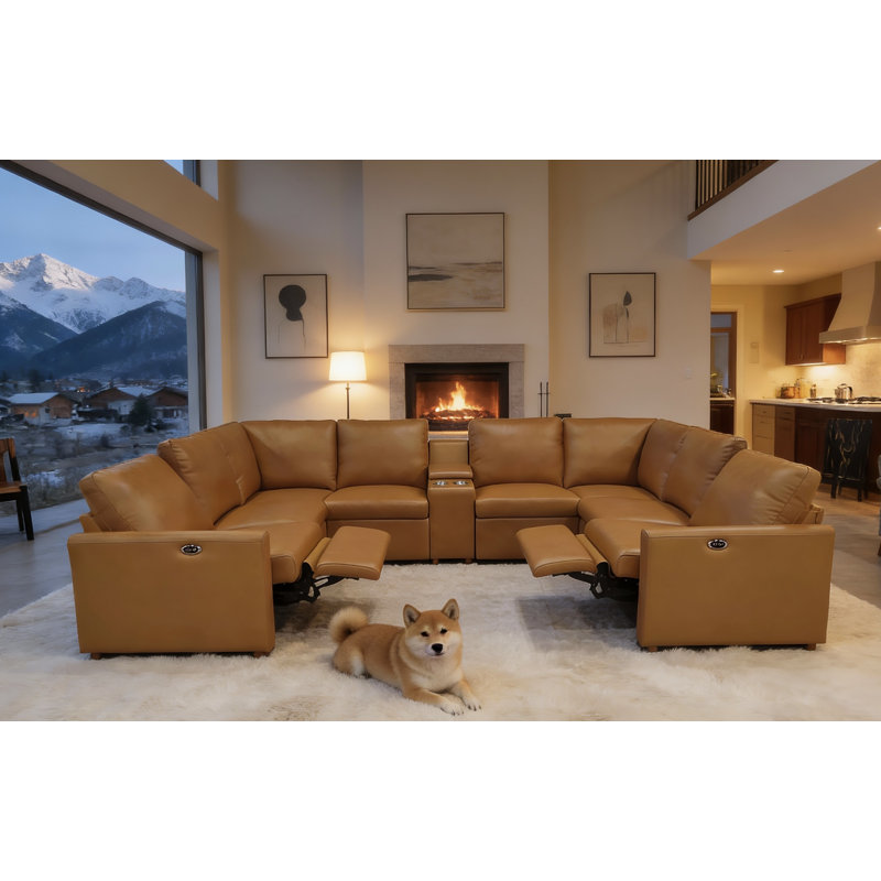Luxury Power Reclining U-Shaped Top-Grain Geniune Leather Match Sectional Sofa With Center Console & Cup Holders