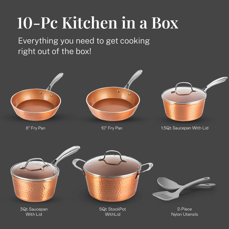 Gotham Steel Hammered Copper 10 Piece Ceramic Nonstick Cookware Set, Copper