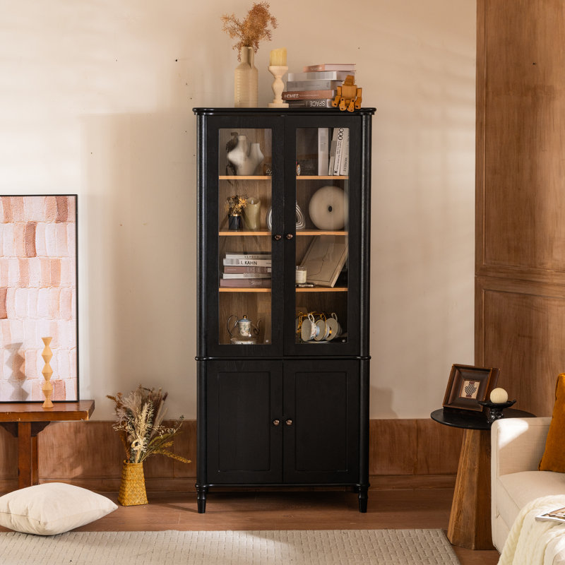Vitrine de style Mid-Century moderne de 72,71 po de hauteur avec portes doubles, placage en bois de frêne, 6 tablettes réglables et poignées en métal pour le rangement du salon