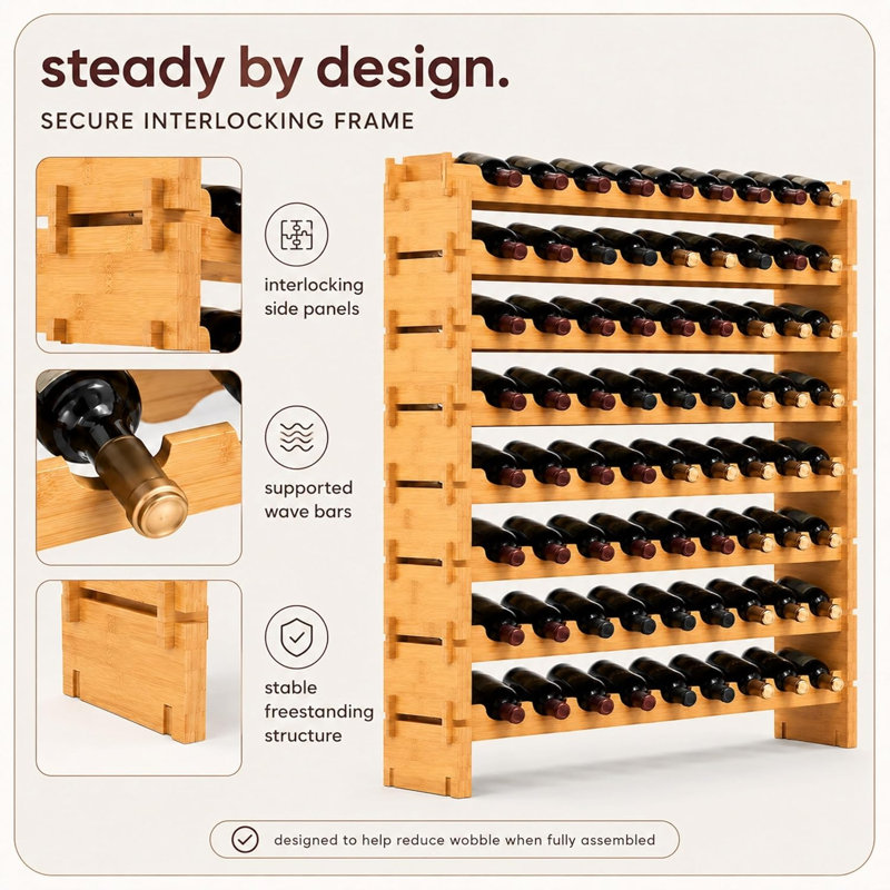 Bamboo Wine Bottle Rack, Stackable Freestanding Storage Shelf, Sturdy Wobble-Free Design for Kitchen, Cellar & Bar