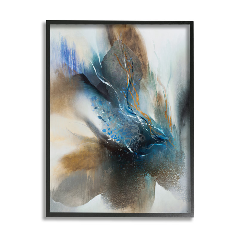 Traduction abstraite d'un oiseau tacheté bleu par K. Nari - impression, H 20 po x l 16 po, Giclée encadrée noir minuit