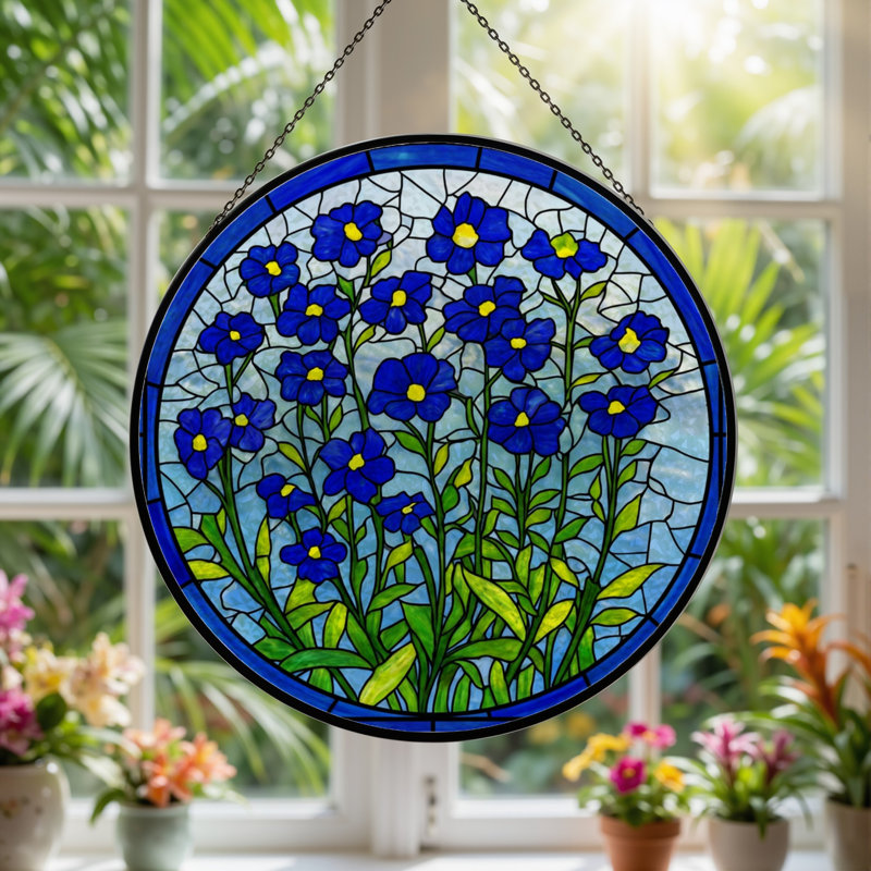 Vitrail à vitrail fleurs bleues 12 "H