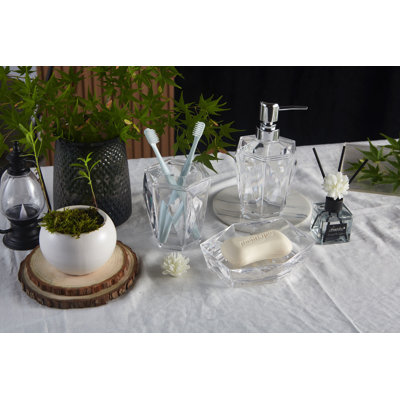  Bathroom Vanity Accessory 5 Pieces Clear Acrylic Modern Design Tumbler, Soap Dispenser, Soap Dish, Toothbrush Holder, Toiletbrush Set