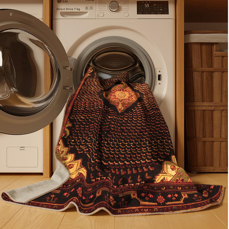 Tapis oriental en chenille tissé à la machine en brun / noir / rouge Milvin, Rectangle 7 pi x 10 pi