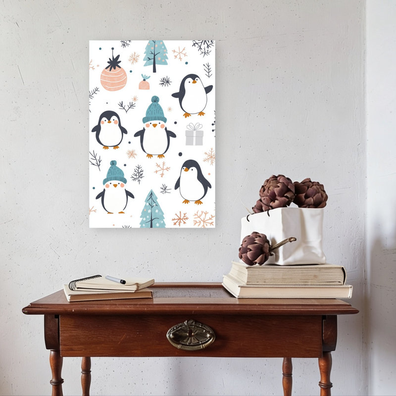 Cute Winter Penguins Playful Abstract Contemporary Penguin Winter Landscape Wall Art Print 1 Piece Wrapped Canvas Wall Art