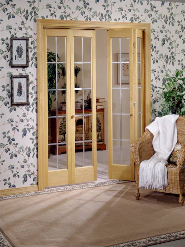 Unfinished Pine Full Glass Bifold Door with Brass Hinges