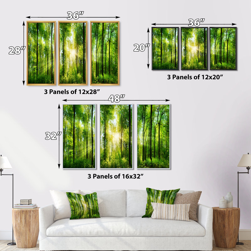 Forêt avec rayons de soleil, ensemble de 3 toiles encadrées, H 20 po x l 36 po x P 1 po, Encadrement doré