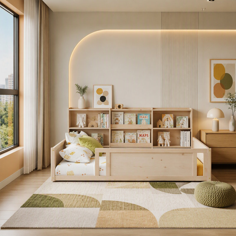 Lit plateforme en bois avec barrière de sécurité et tablettes de rangement latérales pratiques, base de lit pour enfant peu encombrante
