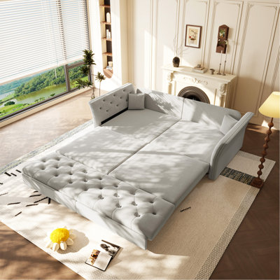 74.4"  Queen Pull Out Sofa Bed,  Convertible Sleeper Sofa With Handmade Fabric Flower Tufted Design,Multi-Functional Velvet Loveseat Bed For Living Room,Bedroom,Apartment,Light Grey
