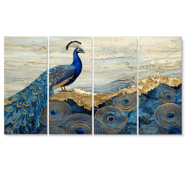 «Golden Aqua and Agate Peacck Landscape II - Aqua Art», ensemble de décorations murales modernes, H 28 po x l 48 po