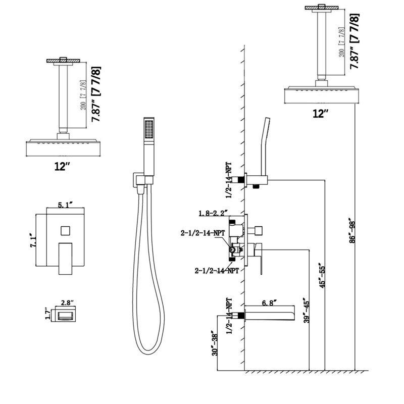 Brushed Nickel Wall Mounted Rain Shower System with Handheld