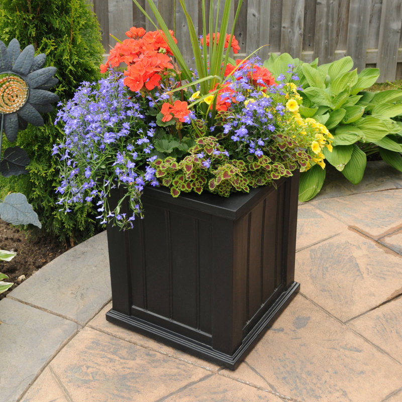 Selevae Resin Planter Box with Water Reservoir, 16" H x 16" W x 16" D, Black