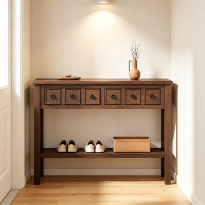 Narrow Console Table with Drawers and Open Shelf, Retro Entryway Table with Solid Pine Wood Legs, Rustic Sofa Table for Hallway Living Room