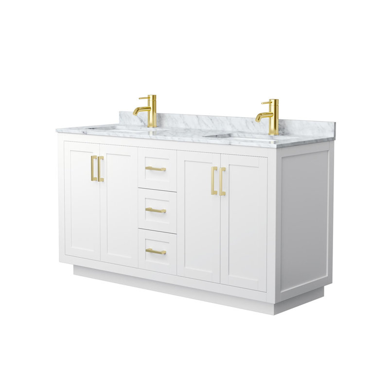 Miranda 60" Freestanding Double Bathroom Vanity with Marble Top, White, Brushed Gold