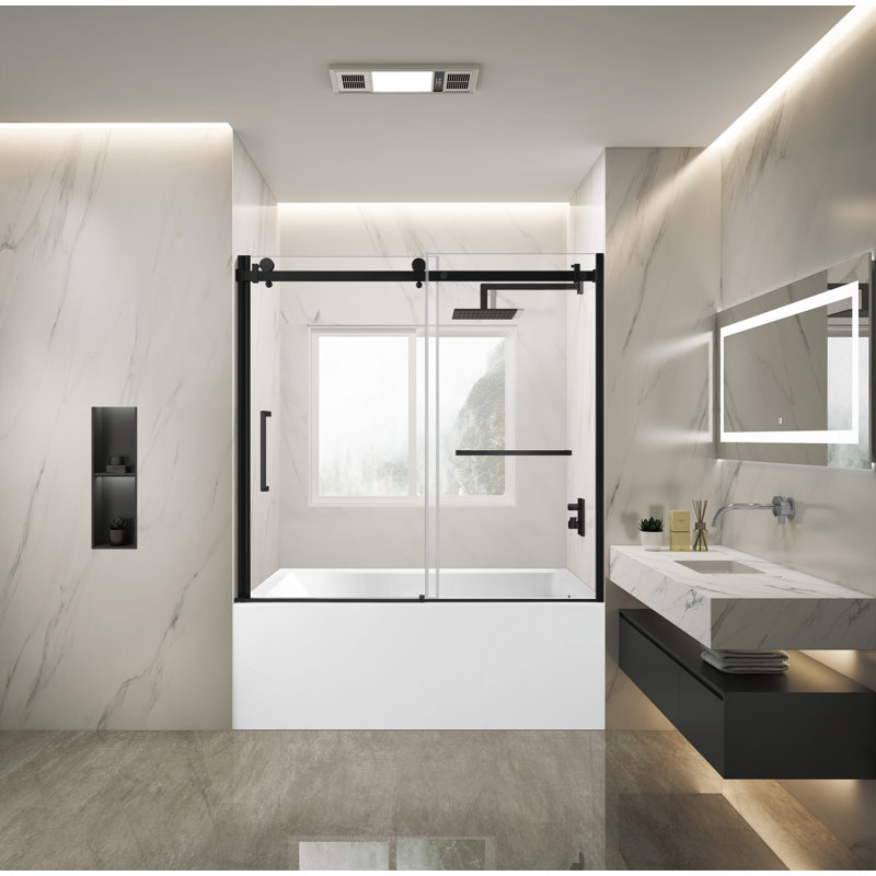 Kingston Brass 60-Inch Acrylic Rectangular 3-Wall Alcove Tub With Tub Door, Left Hand Drain, Right, Matte Black