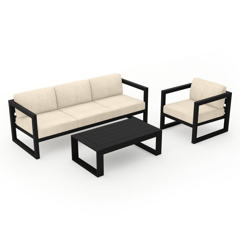 Avion 3 Piece Sofa Seating Group with Sunbrella Cushions, Canvas Flax Sunbrella® Canvas, Black