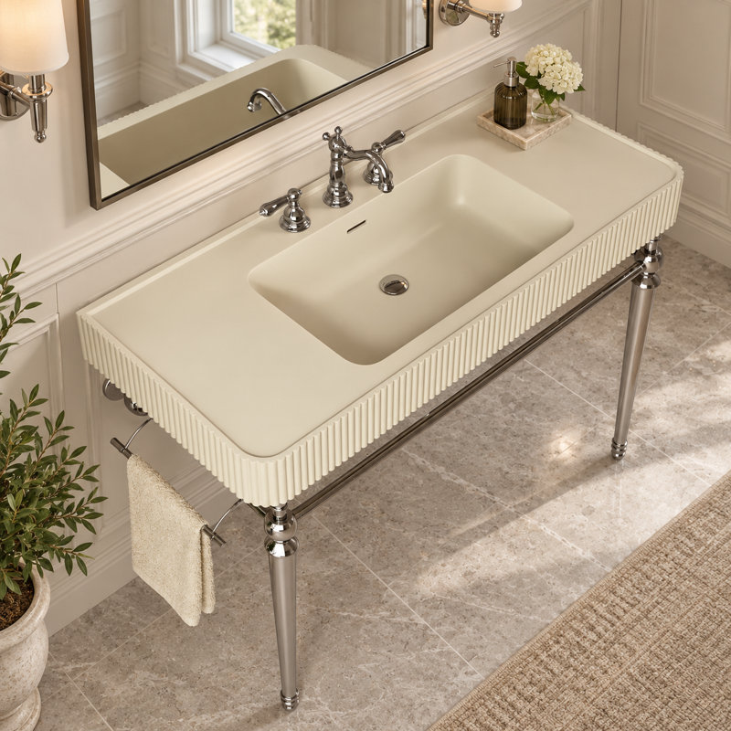 Lavabo de console de salle de bain cannelé avec cuve intégrée à surface solide, pieds en métal rétro et barre à serviettes