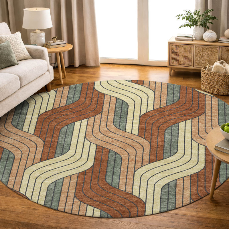 Premium Machine Washable Mayfield AMF2422 Striped Rug, Paprika, 8' Round