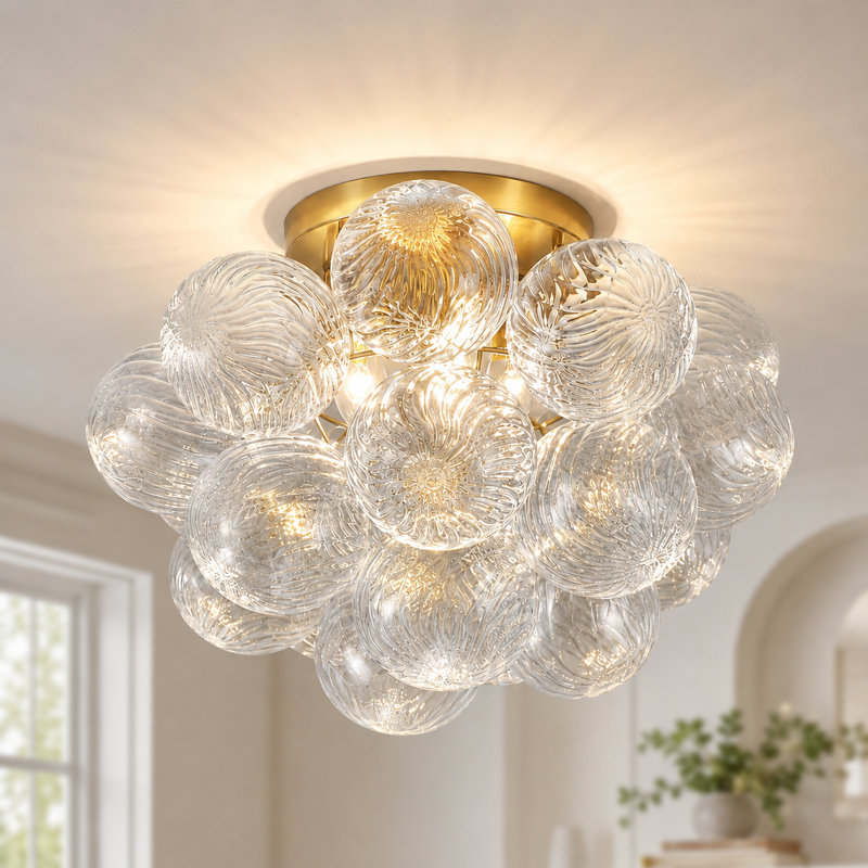 4-Light Gold Flush Mount Ceiling Light With A Cluster Of Iridescent Glass Globes, Transparent, Gold