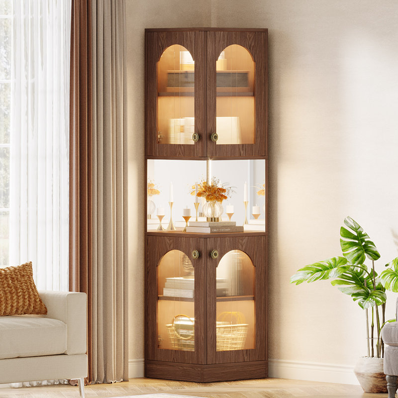 78” Rustic Corner Bookshelf Bookcase With Doors, Corner Display Cabinets With Led Light