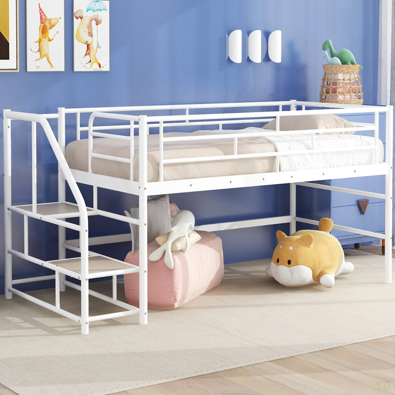 Lit mezzanine moyen avec escalier de rangement, lit simple, Blanc