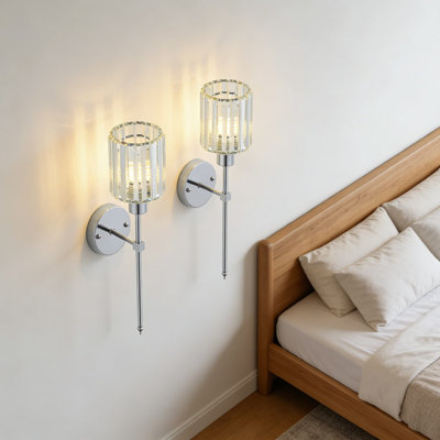 Hardwired Crystal Wall Sconce Set Of 2, Dimmable Wall Light Fixtures With Clear Crystal Shade For Ambient Lighting In Hallway, Bathroom, Living Room, And Bedroom