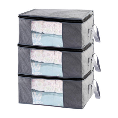 3-Pack Foldable Storage Bags with Clear Windows & Handles, Large Closet Organizers for Clothes, Blankets, Bedding, Space-Saving Gray Fabric Bins ﻿