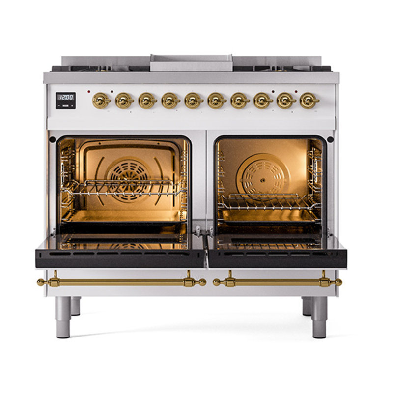 ILVE Nostalgie II Noblesse 40 in Dual Fuel Range, White/Brass, Natural Gas