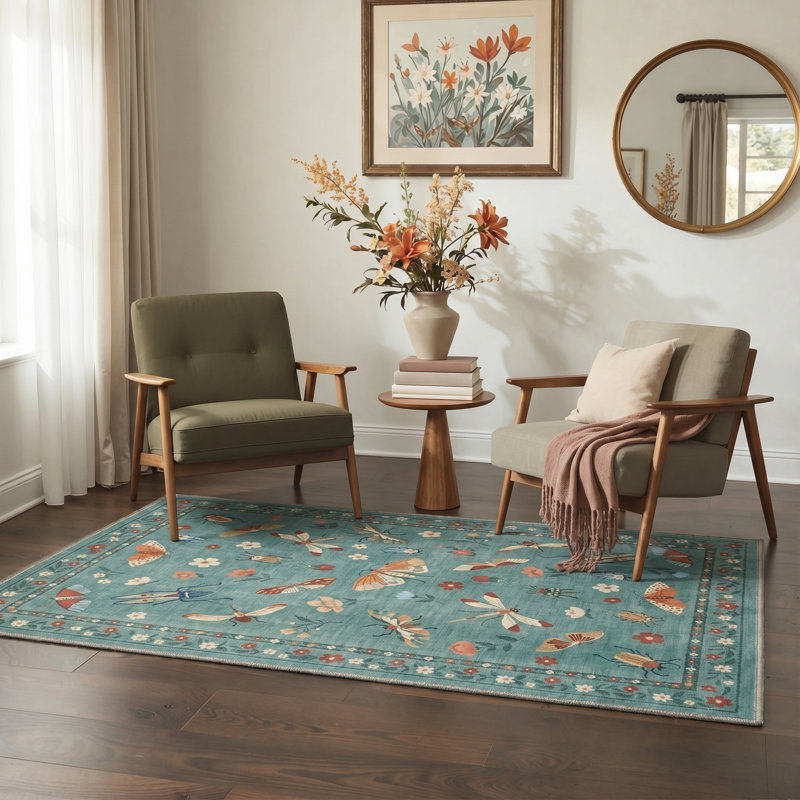 Vespera Floral Machine Washable Blue Indoor Area Rug with Non-Slip Backing, Round 5'