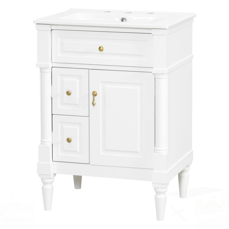 Meuble-lavabo de salle de bain avec lavabo, armoire autoportante blanche, tiroir rabattable, tablette réglable, structure en bois d'hévéa, panneaux de fibres à densité moyenne, poignées en métal