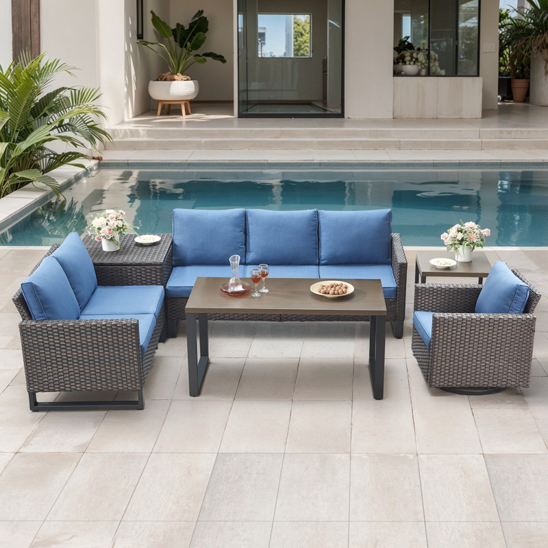 Ingvald 6 Person Outdoor Patio Wicker Conversation Set Group With Swivel Chairs, Bleu
