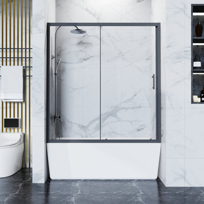 Portes de douche coulissantes pour salle de bain, panneau de verre double anti-déflagrant l 58,5-60 po x H 62 po avec porte-serviettes fixe en acier inoxydable et cadre en aluminium noir mat
