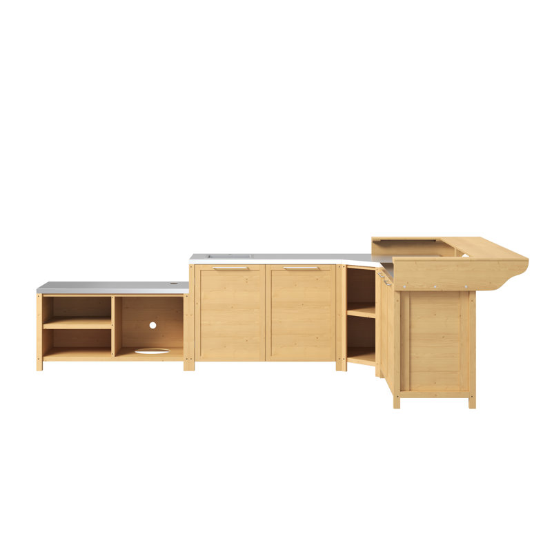 Ensemble de cuisine extérieure 5 pièces en cèdre naturel avec évier, barbecue, rangement et bar, Brun