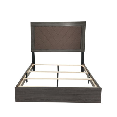 Grand lit rustique en chêne gris foncé, revêtement en tissu, lit en chêne accentué à assembler, requis