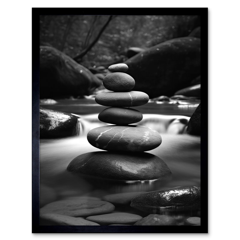 Linkous Zen Stacking Stones In River Black And White Photo - Single Picture Frame Print